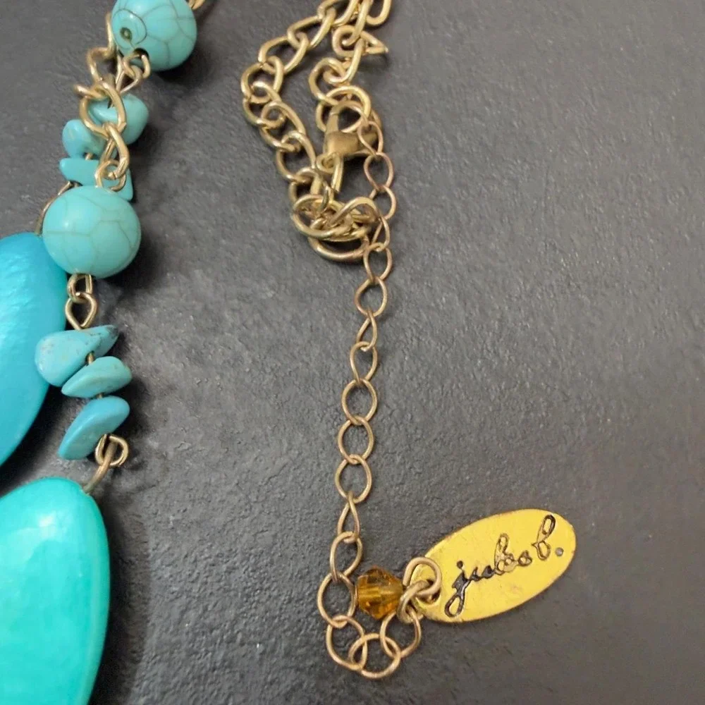 Jules B Boho Tassel Necklace Turquoise Leaf Pendant Gold Tone Beaded Statement